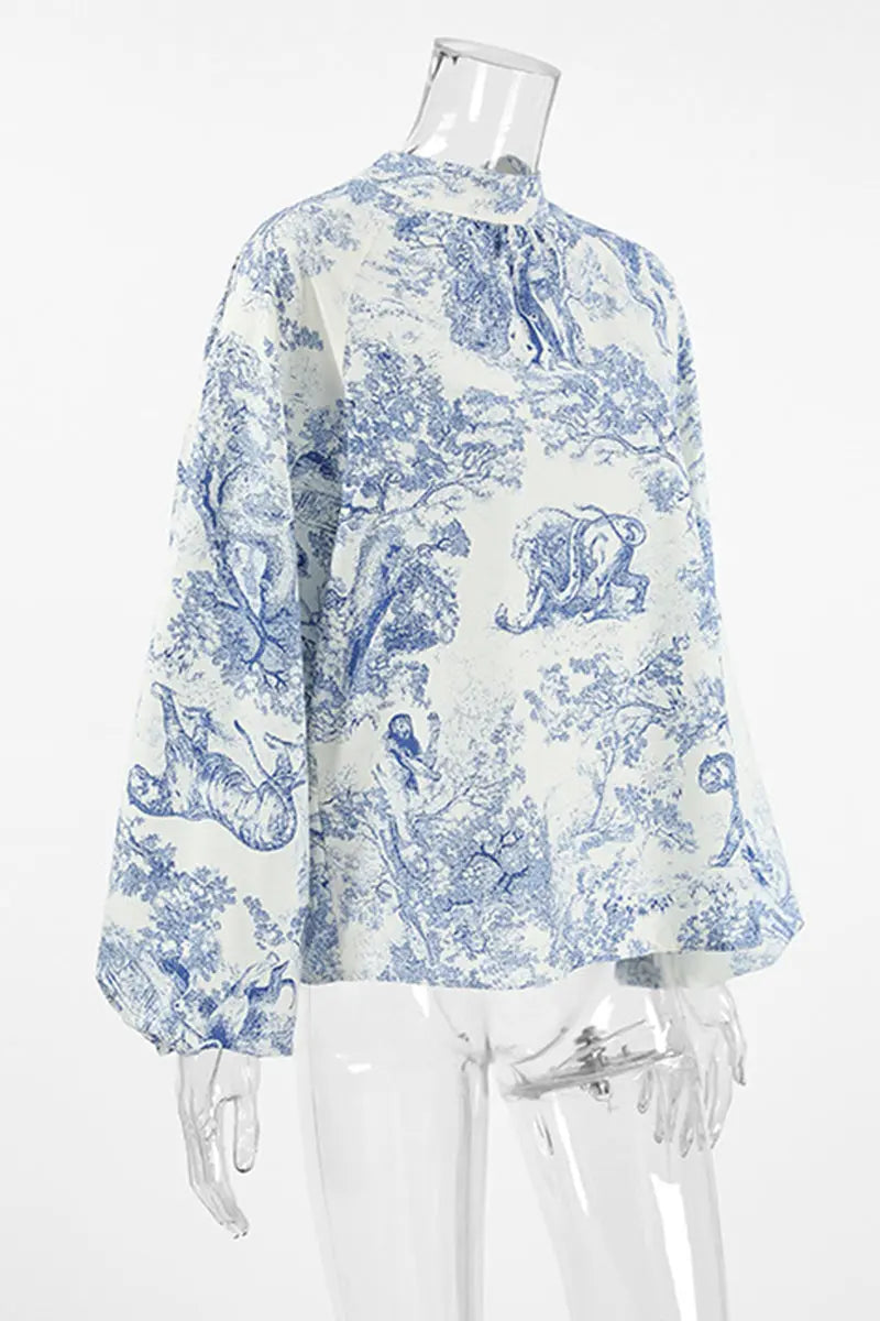 Street Daily Landscape printing Lace Up Mandarin Collar Blouses  Fashionpara