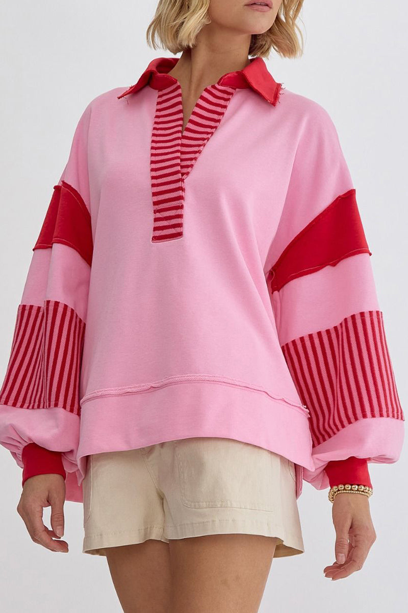 Casual Street Stripe Patchwork Contrast Turndown Collar Tops - Fashionpara