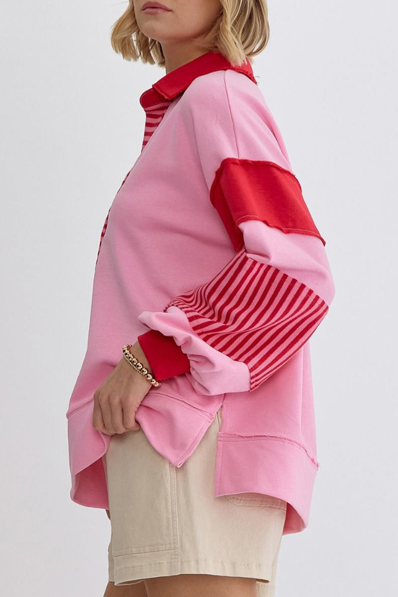 Casual Street Stripe Patchwork Contrast Turndown Collar Tops - Fashionpara