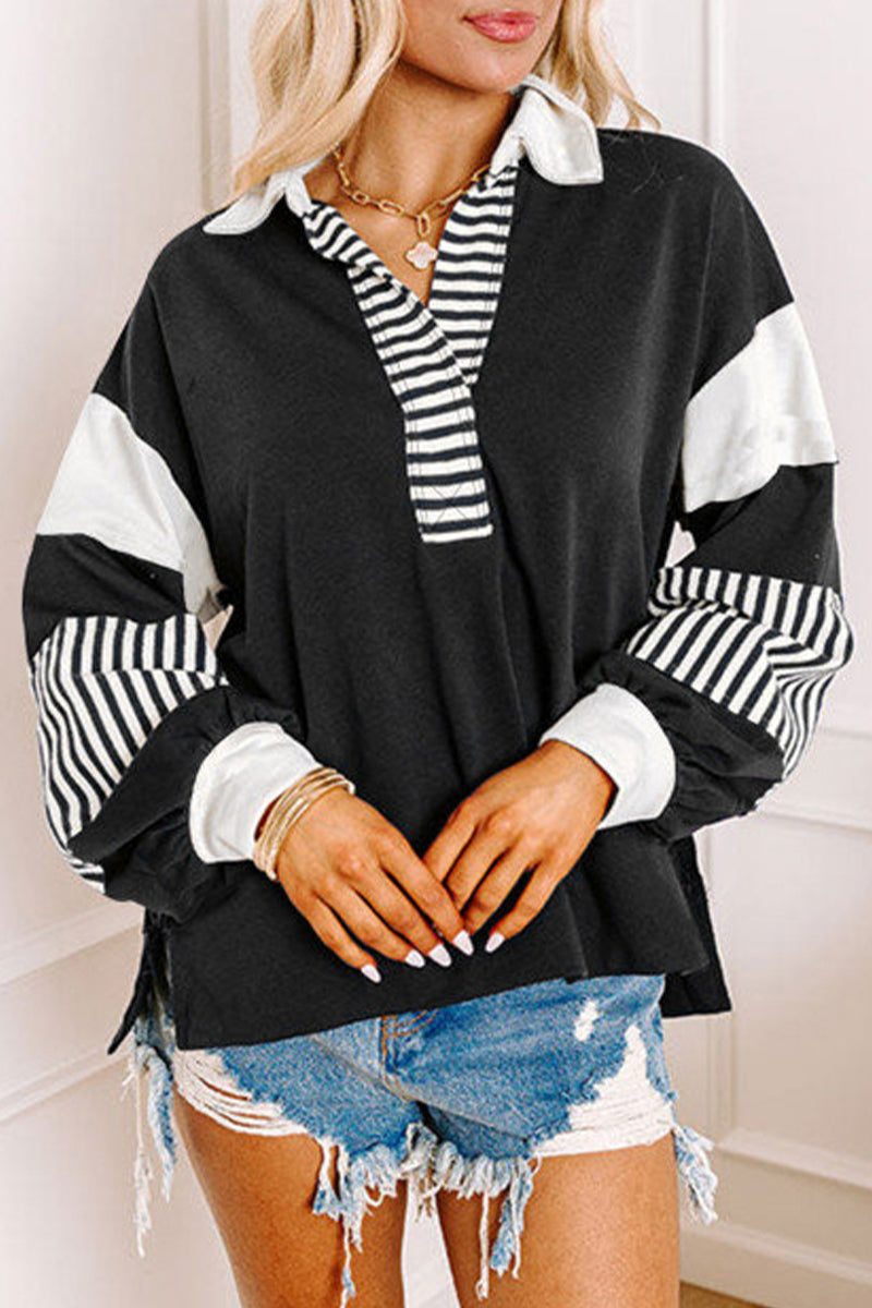 Casual Street Stripe Patchwork Contrast Turndown Collar Tops - Fashionpara