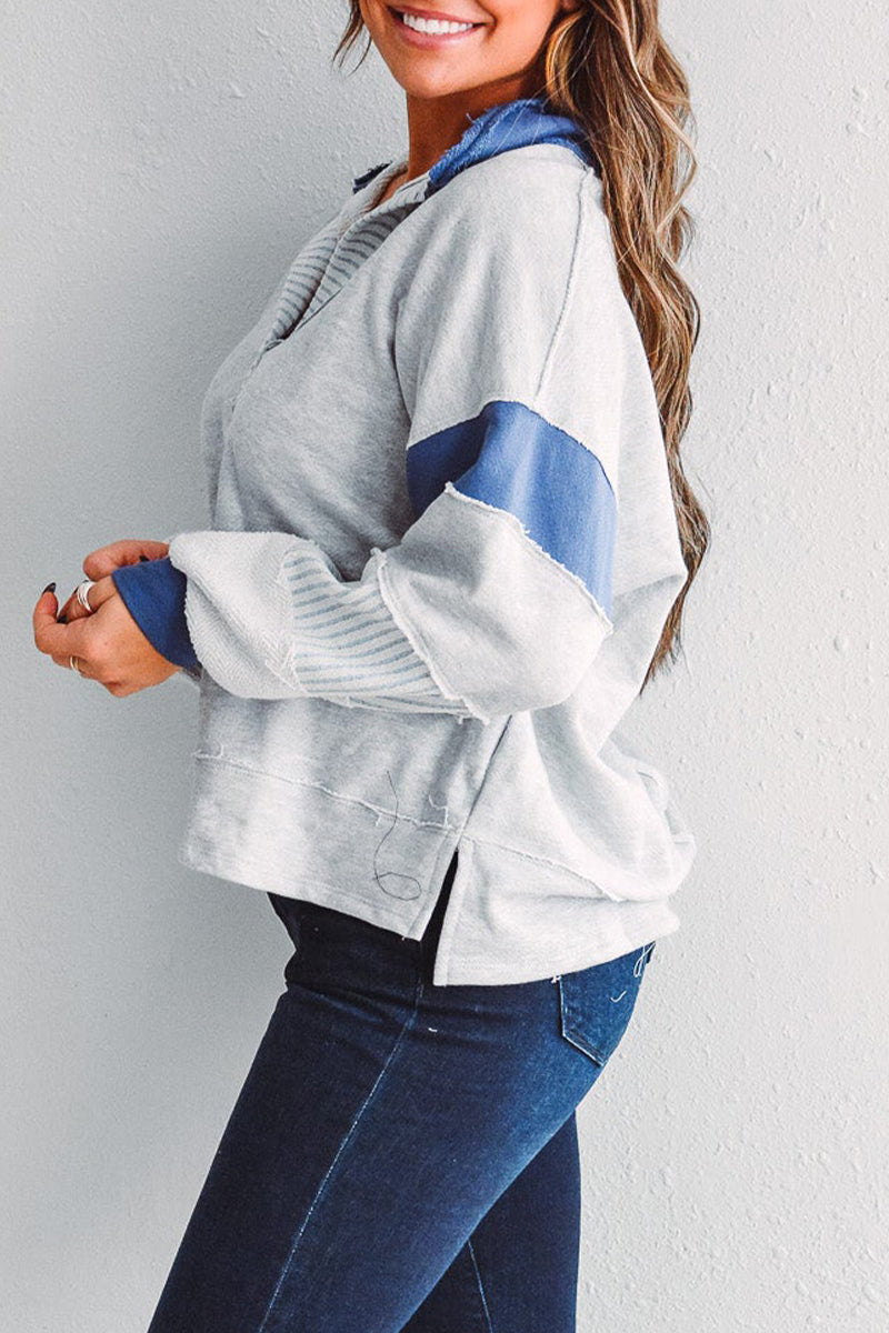 Casual Street Stripe Patchwork Contrast Turndown Collar Tops - Fashionpara