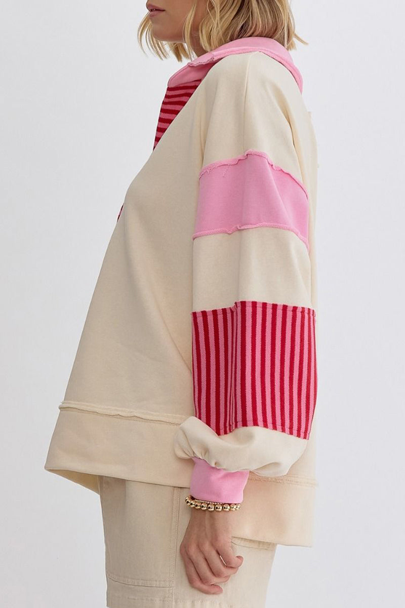 Casual Street Stripe Patchwork Contrast Turndown Collar Tops - Fashionpara