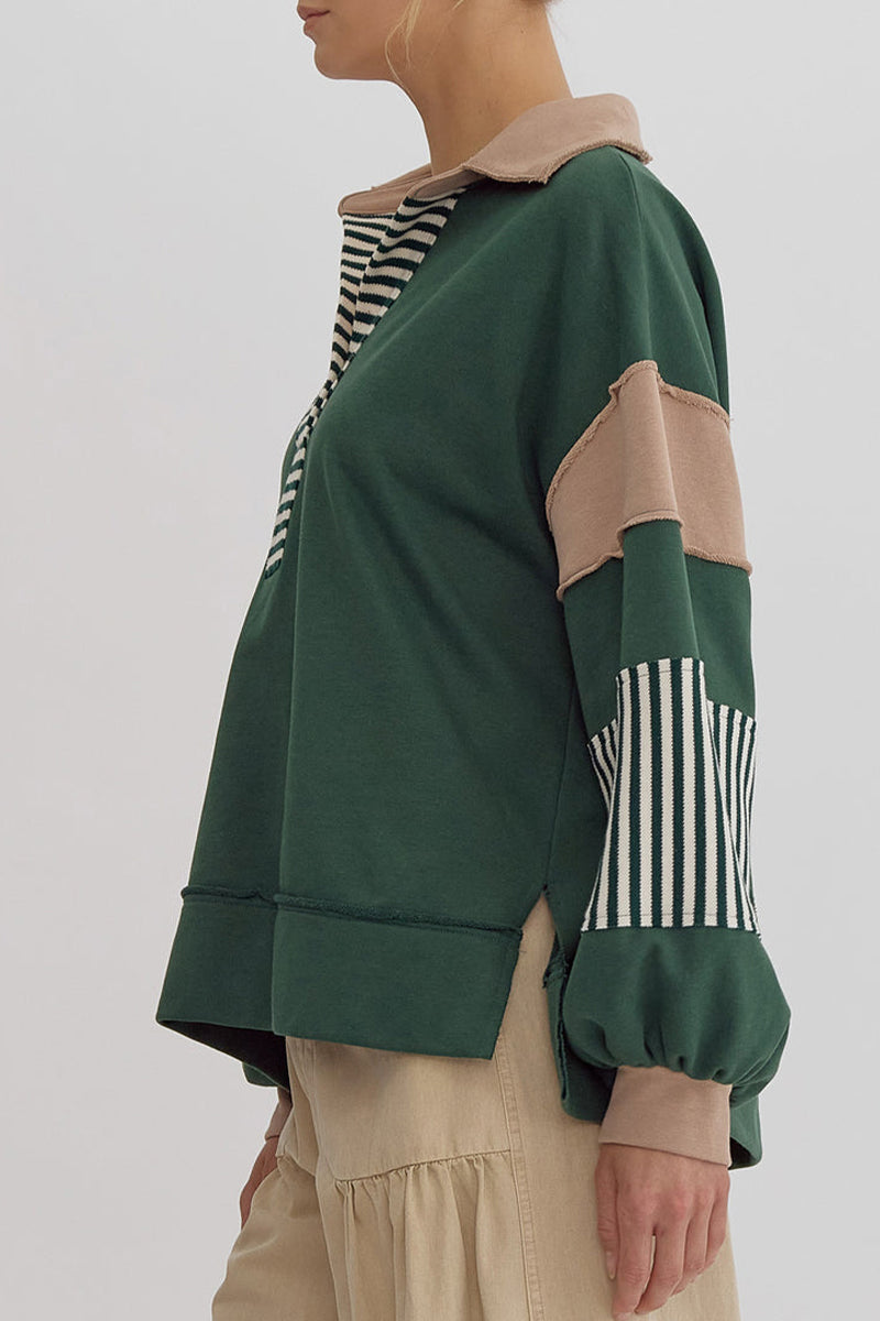 Casual Street Stripe Patchwork Contrast Turndown Collar Tops - Fashionpara