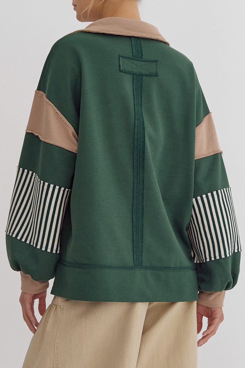 Casual Street Stripe Patchwork Contrast Turndown Collar Tops - Fashionpara