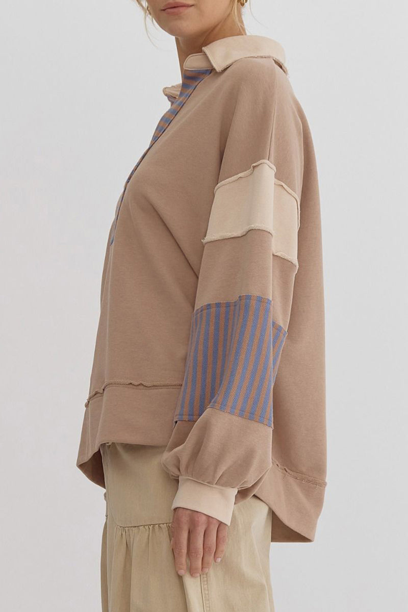 Casual Street Stripe Patchwork Contrast Turndown Collar Tops - Fashionpara