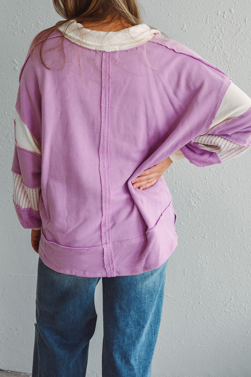 Casual Street Stripe Patchwork Contrast Turndown Collar Tops - Fashionpara