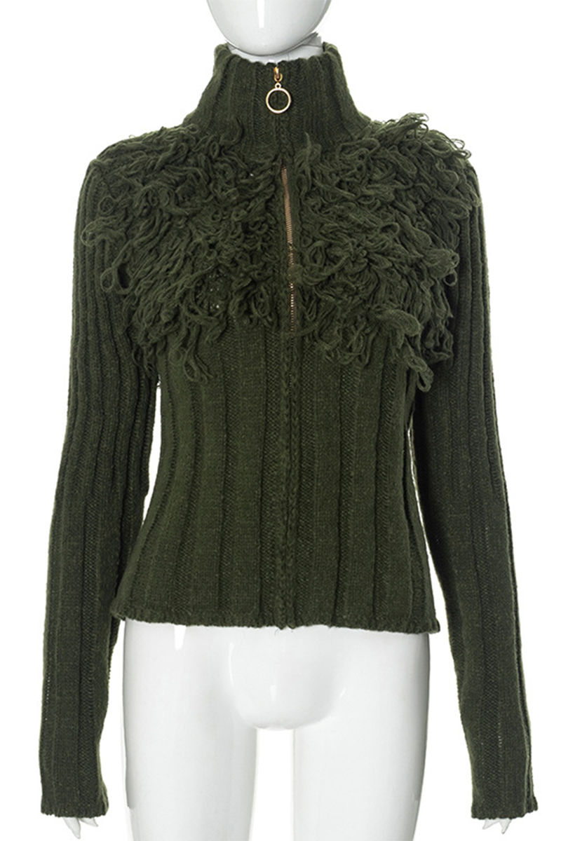 Fringed Trim Zipper Turtleneck Sweater for Effortless Style