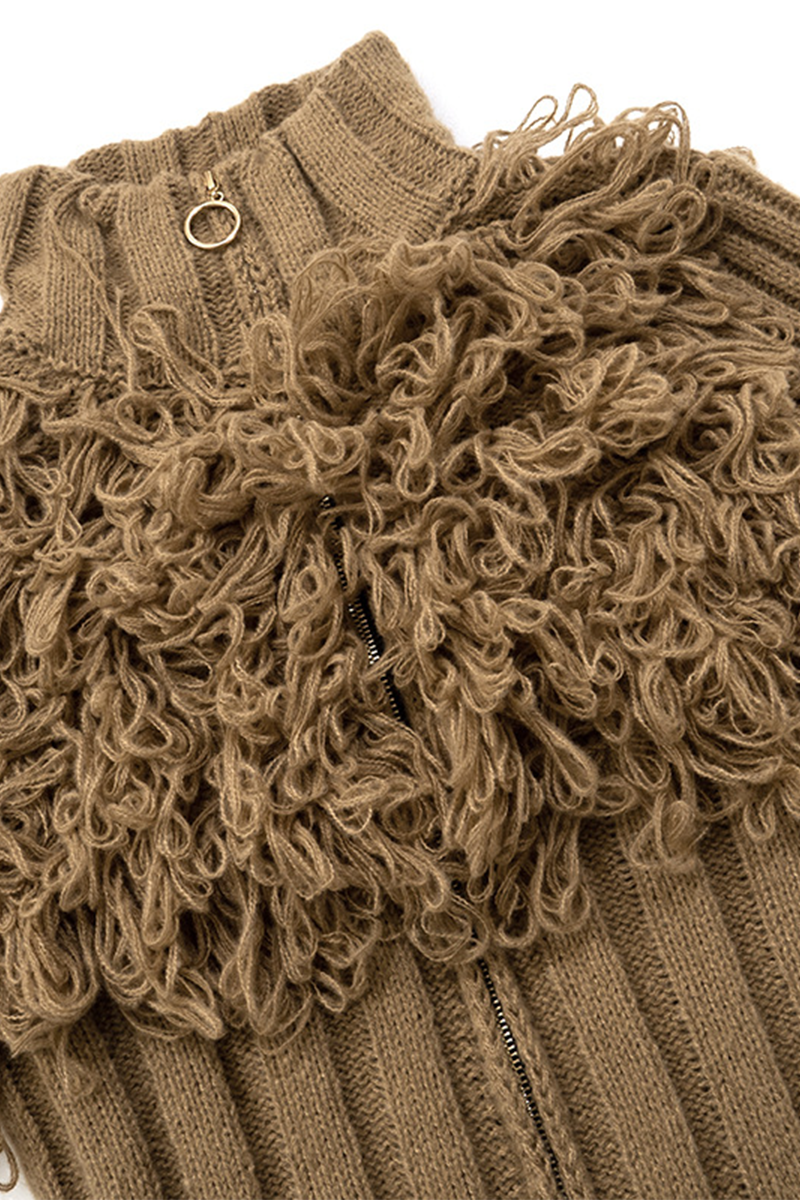 Fringed Trim Zipper Turtleneck Sweater for Effortless Style