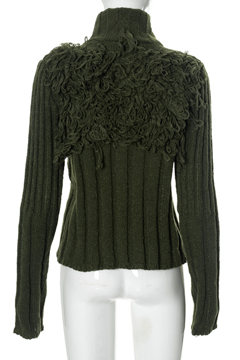Fringed Trim Zipper Turtleneck Sweater for Effortless Style