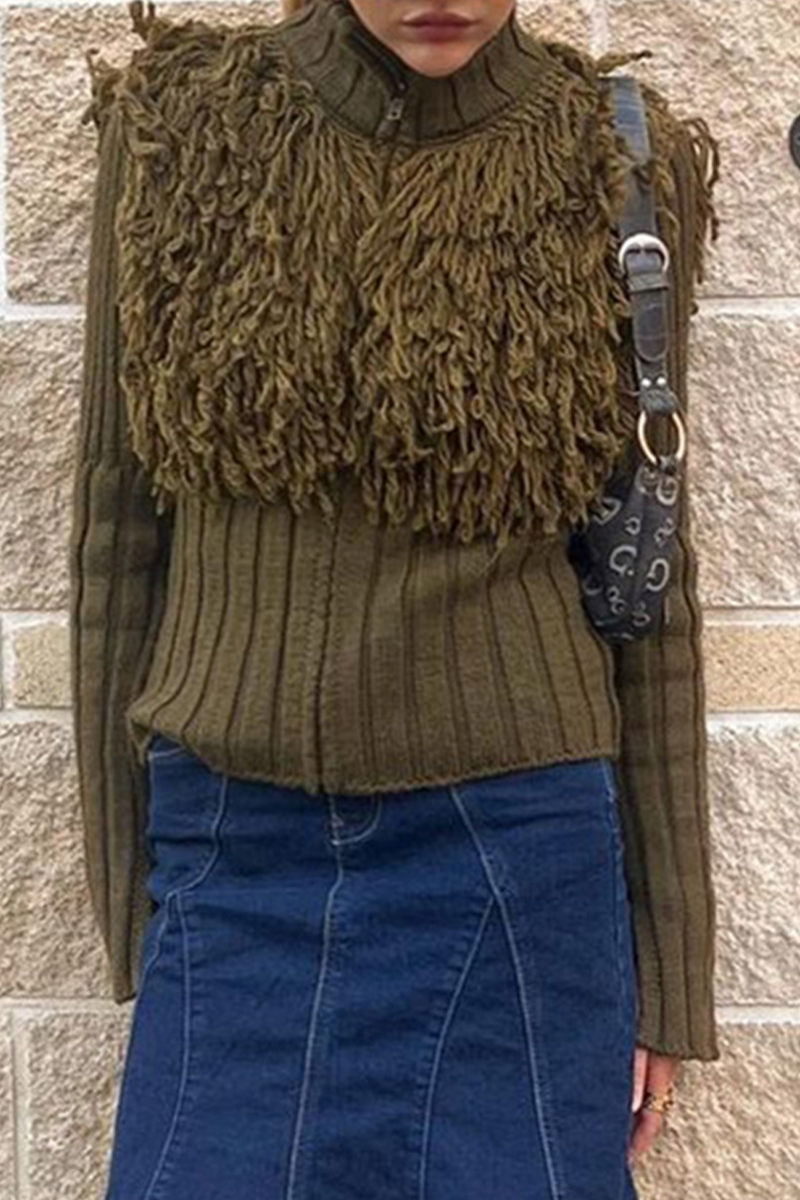 Fringed Trim Zipper Turtleneck Sweater for Effortless Style