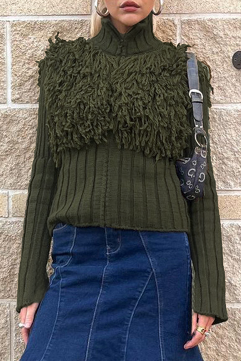 Fringed Trim Zipper Turtleneck Sweater for Effortless Style