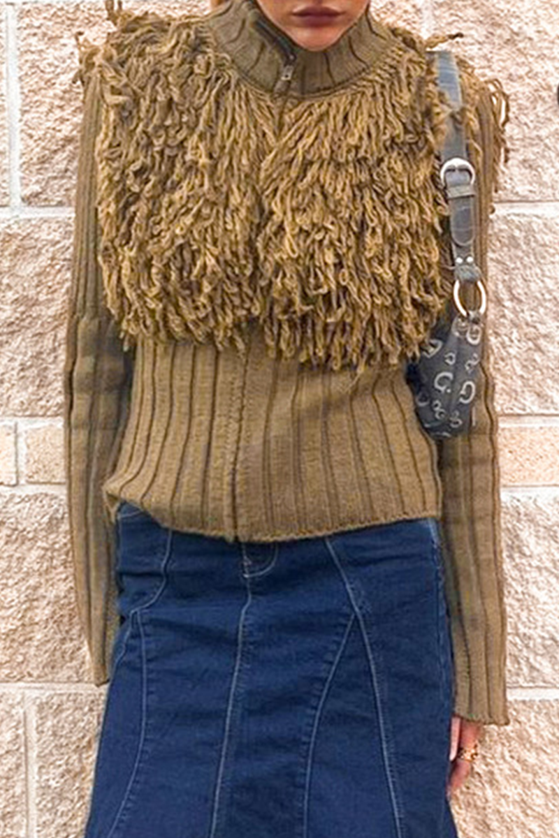 Fringed Trim Zipper Turtleneck Sweater for Effortless Style