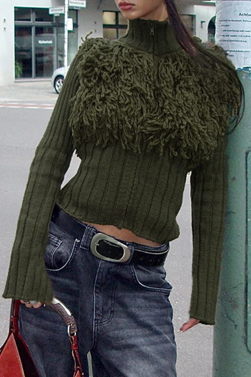 Fringed Trim Zipper Turtleneck Sweater for Effortless Style