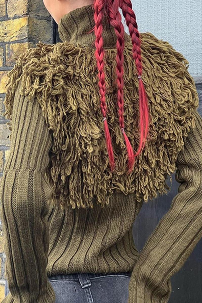 Fringed Trim Zipper Turtleneck Sweater for Effortless Style