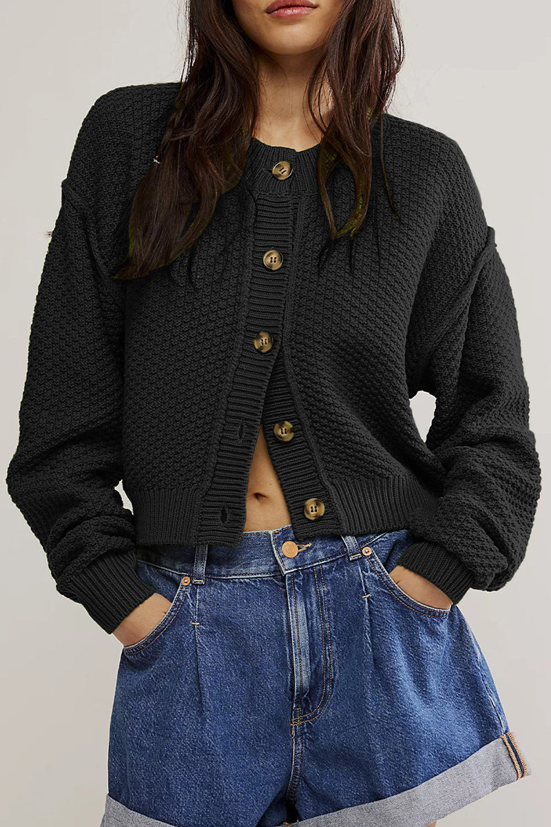 Sophisticated Knitted Jacket with Button Weave Design