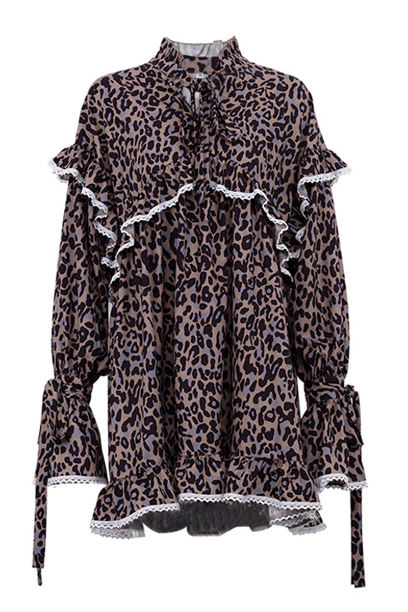Elegant Leopard Print Flowers Lace Up Patchwork Ruffle Half A Turtleneck A Line Dresses(3 Colors)