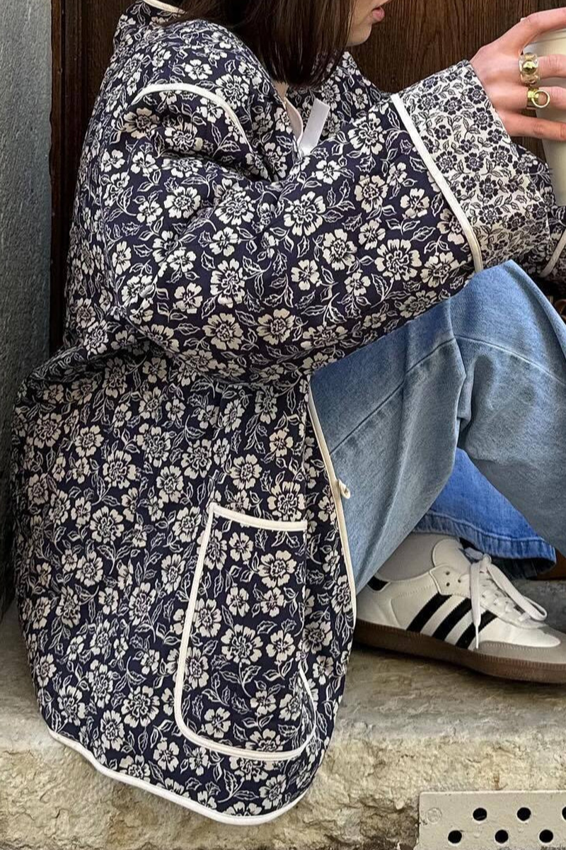 Casual V Neck Pocket Blazer with Floral Patchwork Design