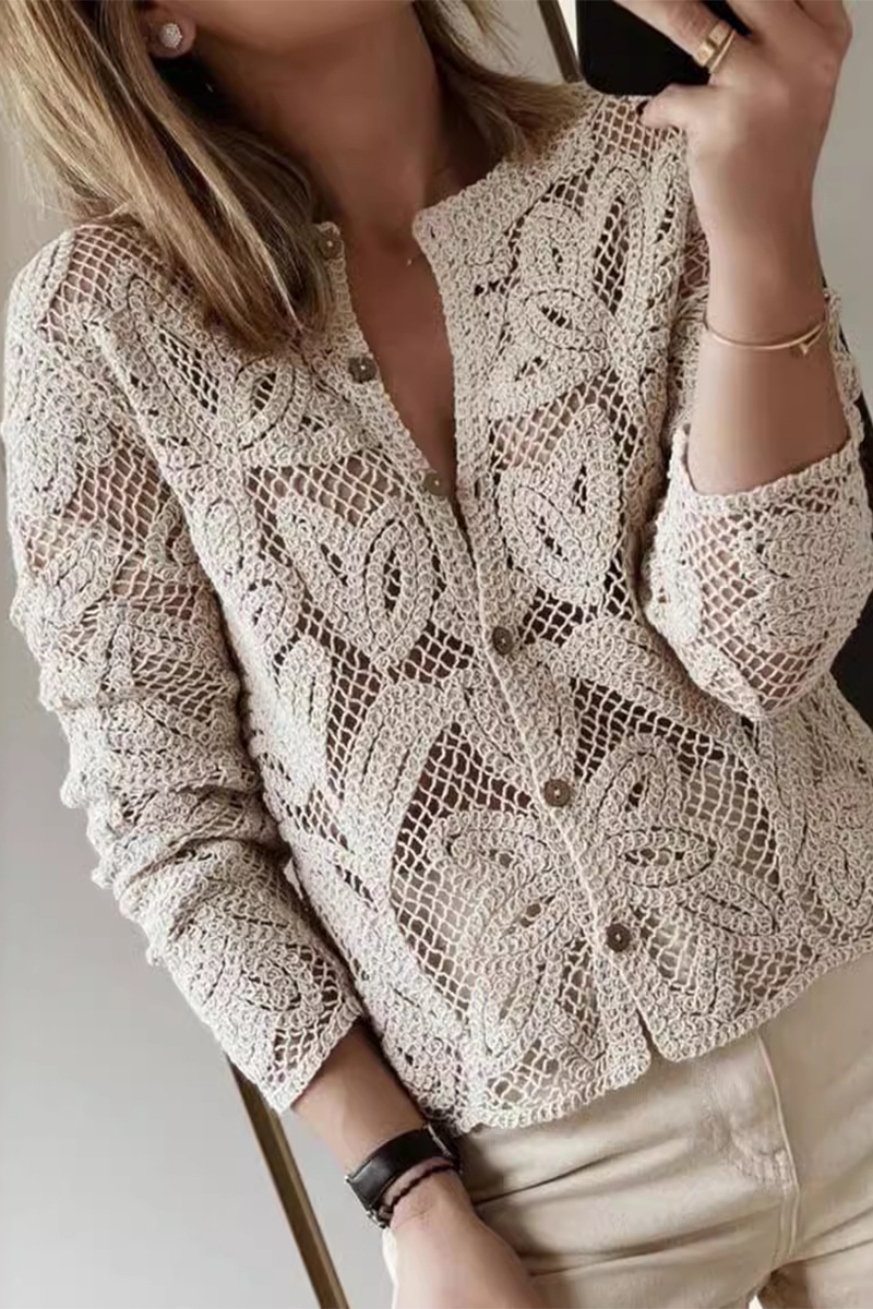 Hollow Out Distressed O Neck Knitted Jacket for Casual Style