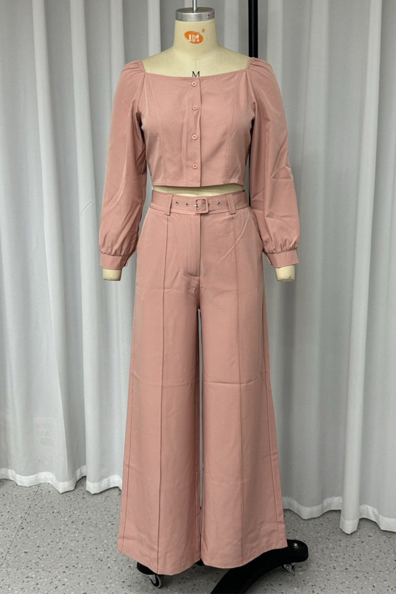 Casual Street Pocket Buttons Adjustable Square Neck Long Sleeve Two Pieces - Fashionpara