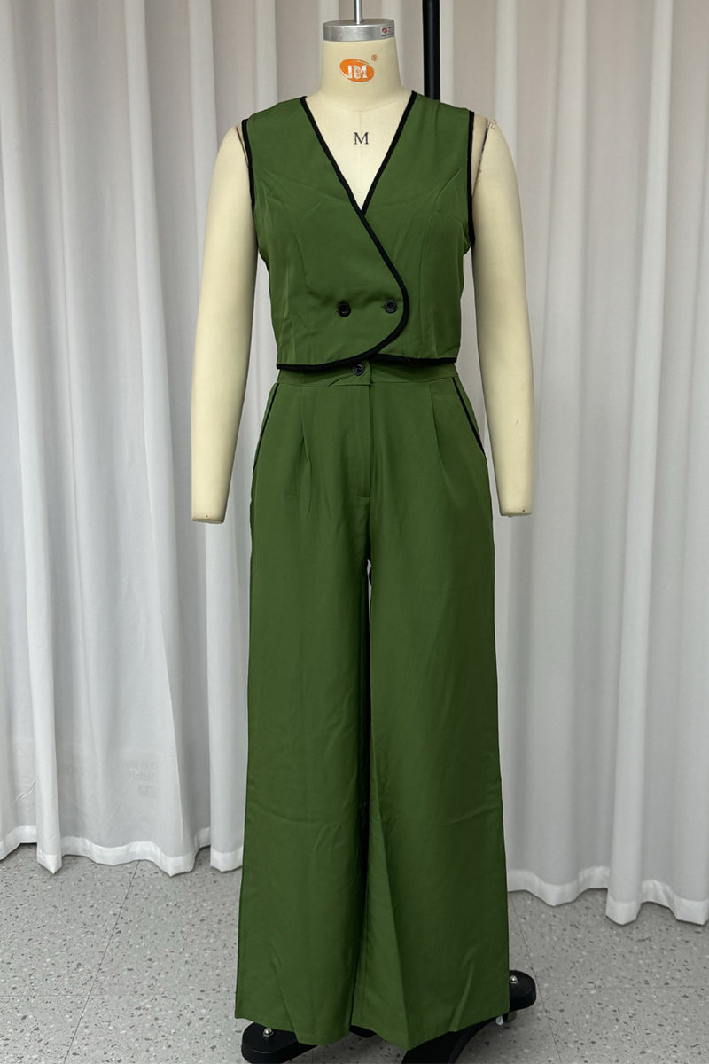 Casual Street Pocket Buttons Contrast V Neck Sleeveless Two Pieces - Fashionpara