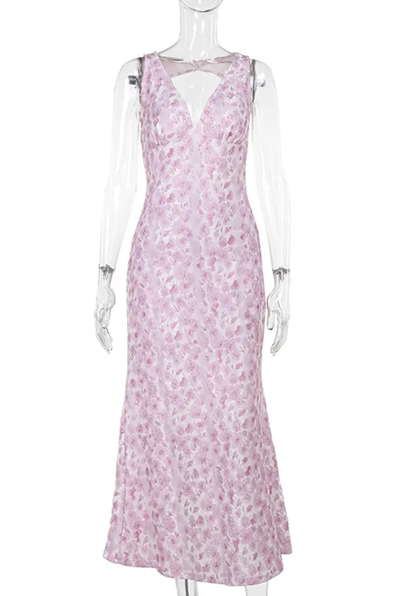 Elegant Print Patchwork Backless V Neck Long Dresses  Fashionpara