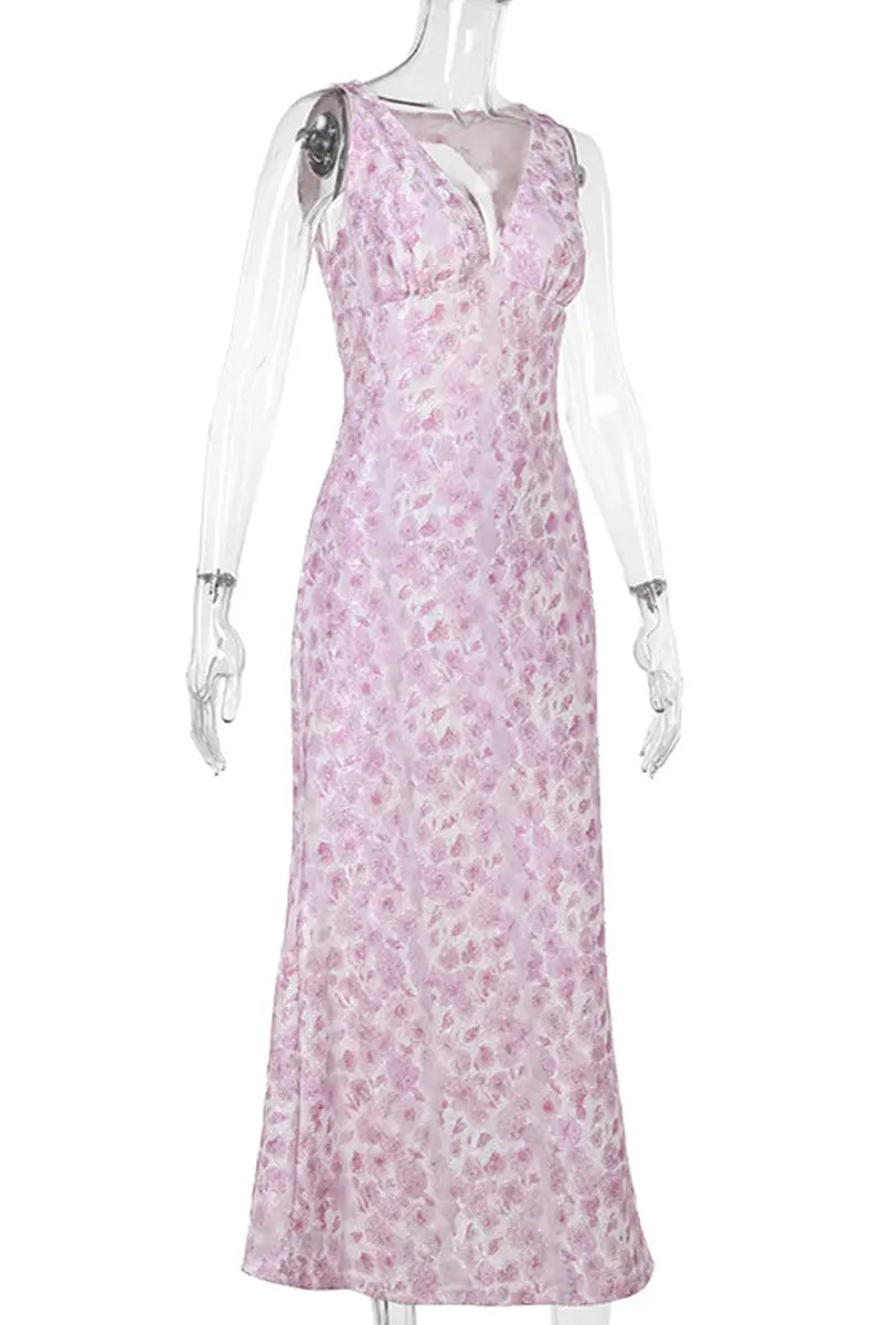 Elegant Print Patchwork Backless V Neck Long Dresses  Fashionpara