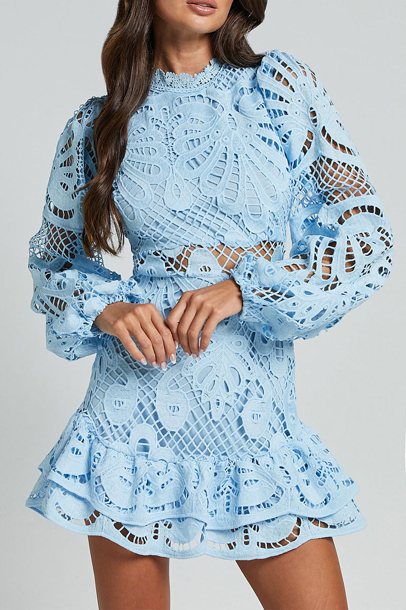 Sexy Hollow Out Ruffle Mesh Mandarin Collar Lace Dress Dresses(5 Colors) - Fashionpara