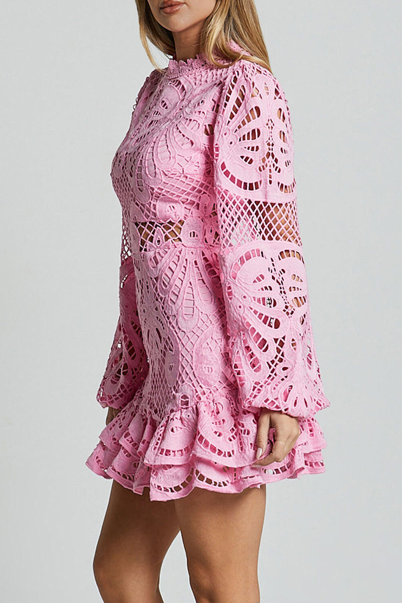 Sexy Hollow Out Ruffle Mesh Mandarin Collar Lace Dress Dresses(5 Colors) - Fashionpara
