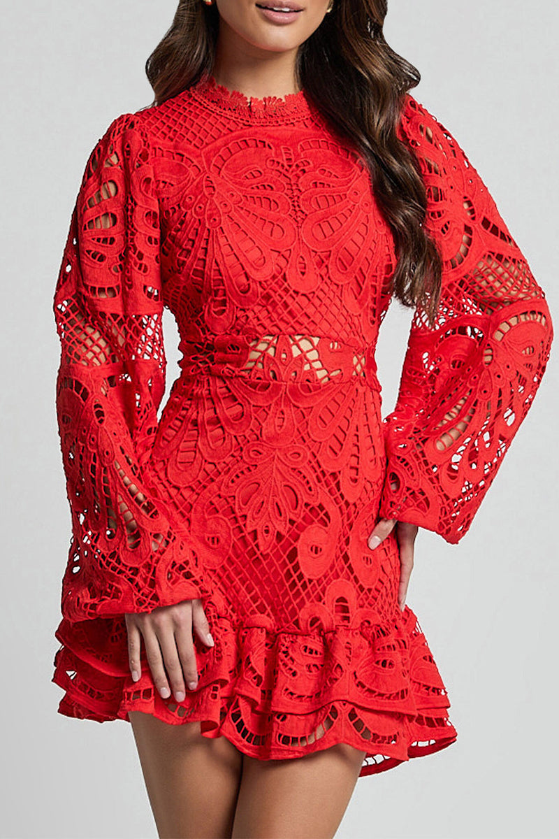 Sexy Hollow Out Ruffle Mesh Mandarin Collar Lace Dress Dresses(5 Colors) - Fashionpara