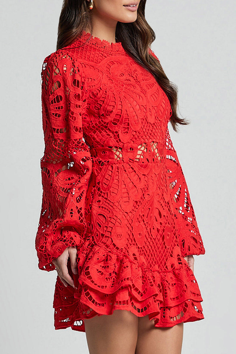 Sexy Hollow Out Ruffle Mesh Mandarin Collar Lace Dress Dresses(5 Colors) - Fashionpara