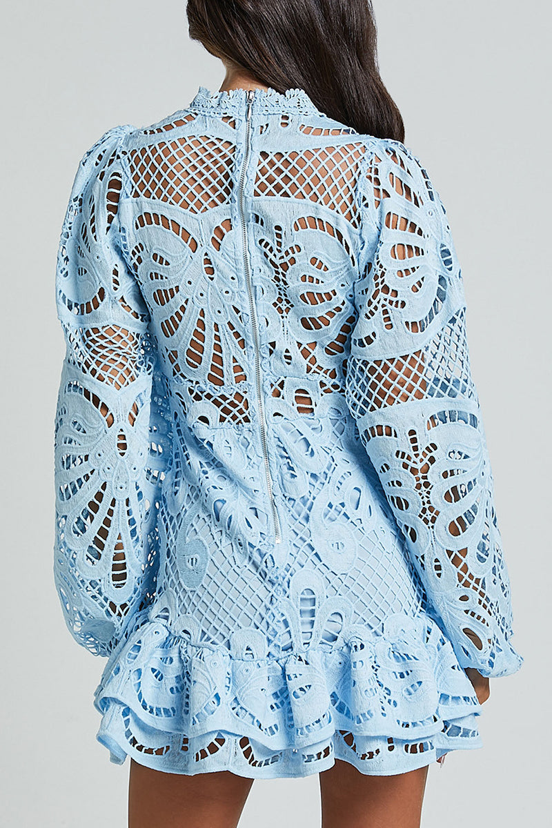 Sexy Hollow Out Ruffle Mesh Mandarin Collar Lace Dress Dresses(5 Colors) - Fashionpara