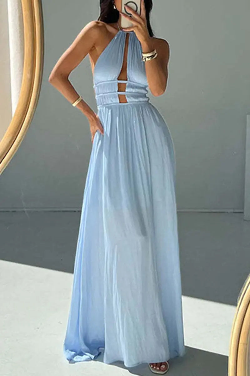 Casual Vacation Hollow Out Backless Halter Long Dresses  Fashionpara