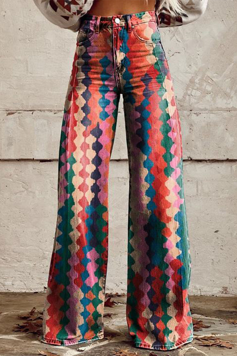 Casual Street Geometric Print Animal Print Flowers Buttons Contrast Loose High Waist Wide Leg Full Print Bottoms(10 Colors) - Fashionpara