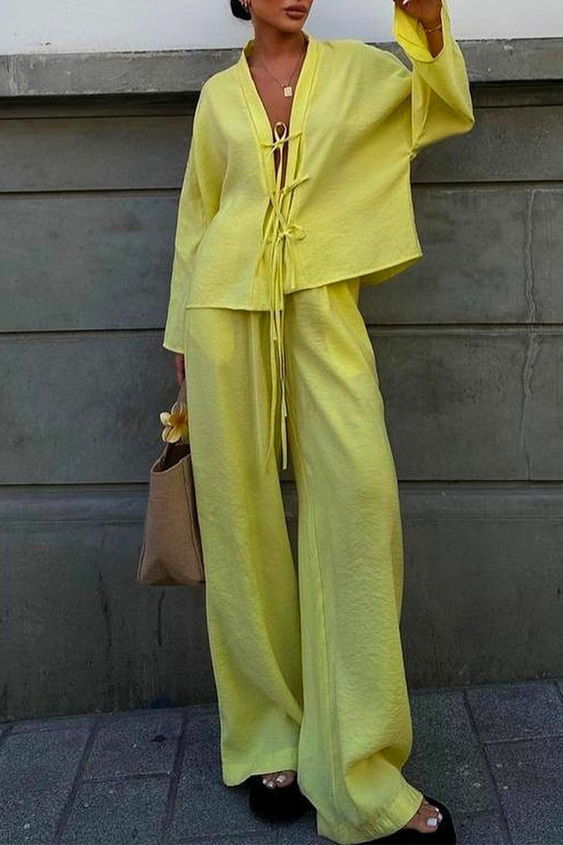 Casual Lace Up V Neck Long Sleeve Two Pieces - Fashionpara