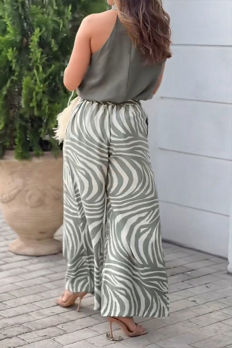 Sexy Geometric Print Striped Print Ruched Halter Sleeveless Two Pieces - Fashionpara