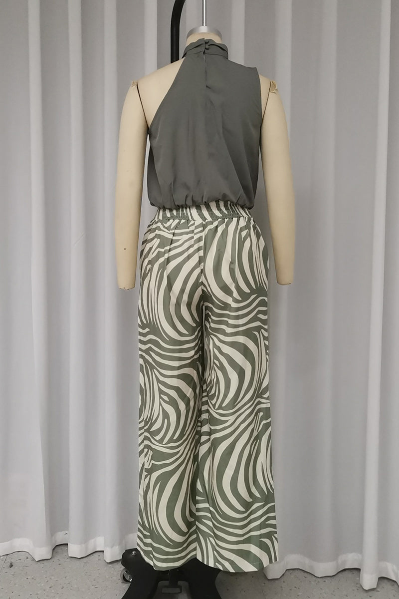 Sexy Geometric Print Striped Print Ruched Halter Sleeveless Two Pieces - Fashionpara
