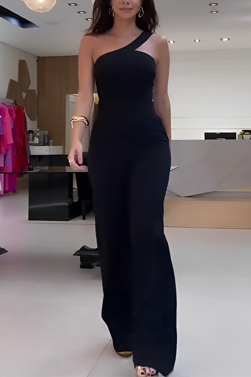 Casual Street Solid Color Irregular Oblique Collar Regular Jumpsuits - Fashionpara