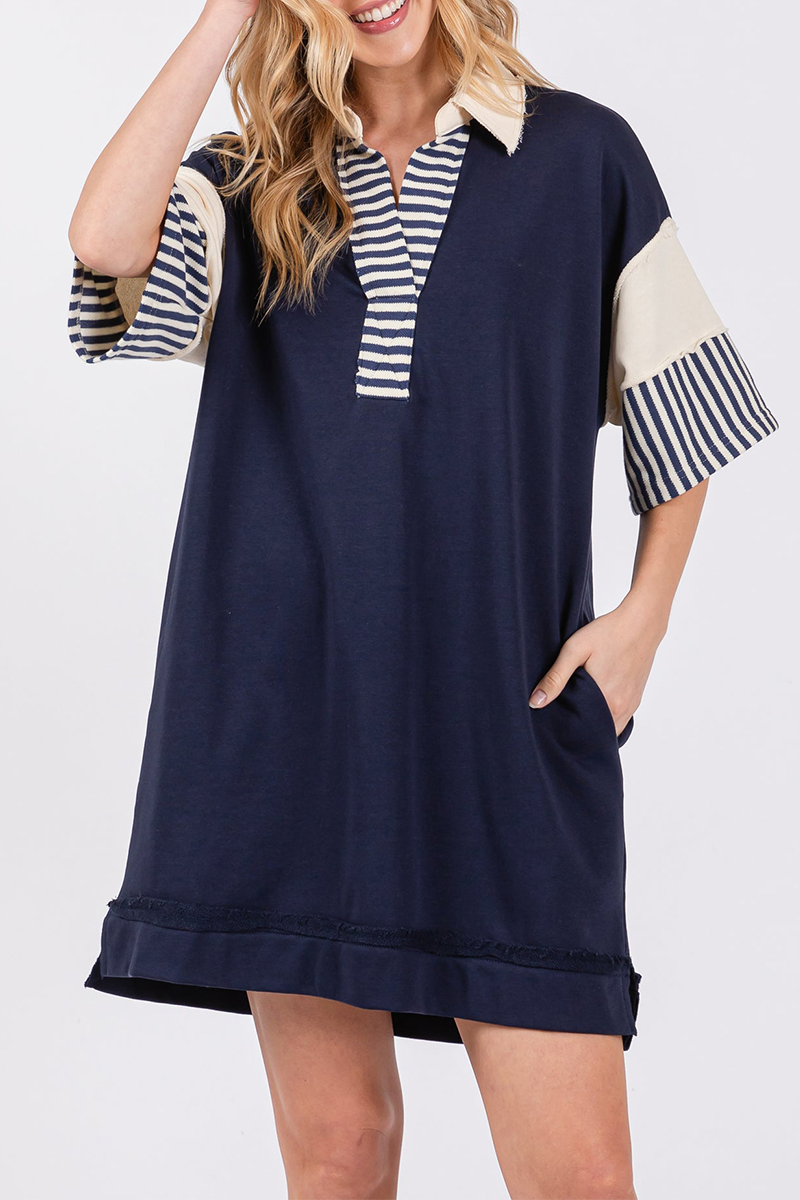 Casual Stripe Pocket Patchwork Turndown Collar Short Sleeve Short Sleeve Dress(5 Colors) - Fashionpara