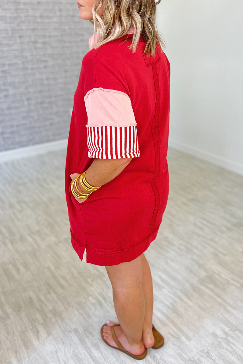 Casual Stripe Pocket Patchwork Turndown Collar Short Sleeve Short Sleeve Dress(5 Colors) - Fashionpara
