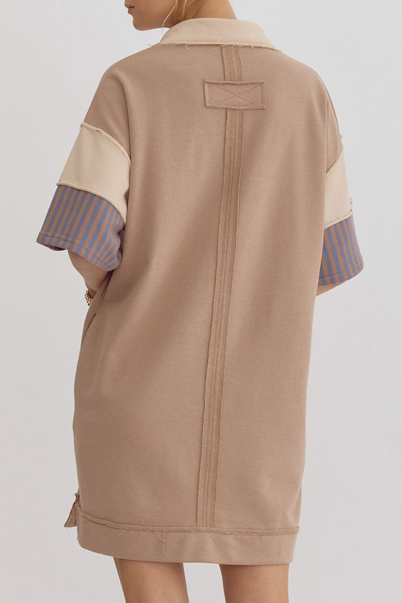 Casual Stripe Pocket Patchwork Turndown Collar Short Sleeve Short Sleeve Dress(5 Colors) - Fashionpara