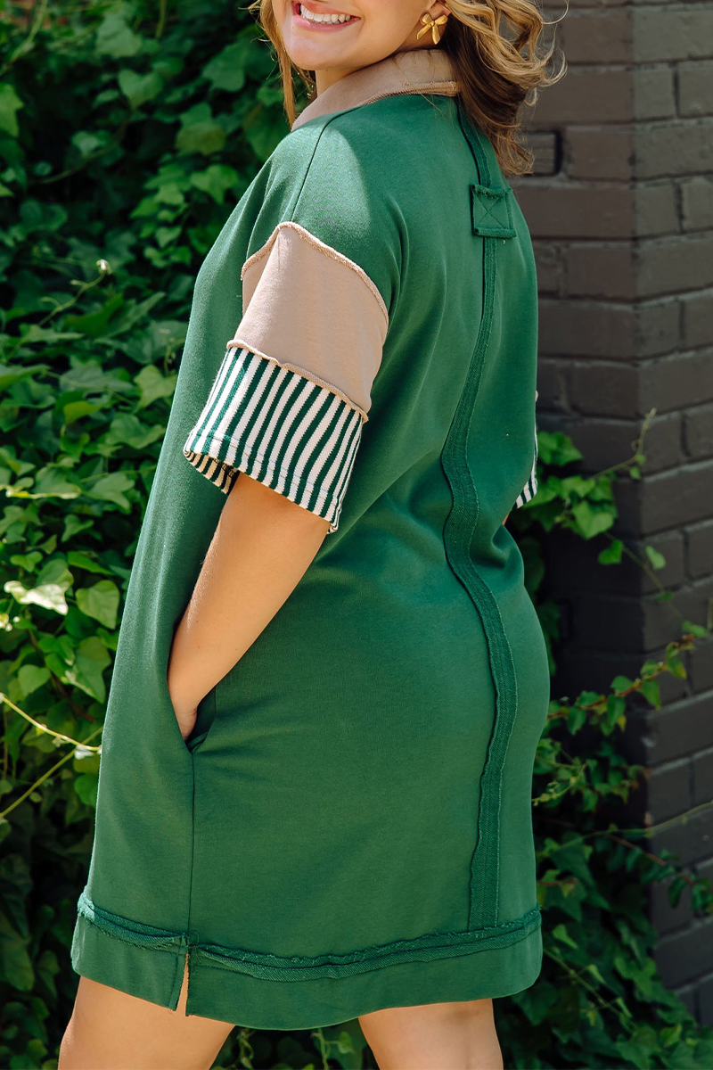 Casual Stripe Pocket Patchwork Turndown Collar Short Sleeve Short Sleeve Dress(5 Colors) - Fashionpara