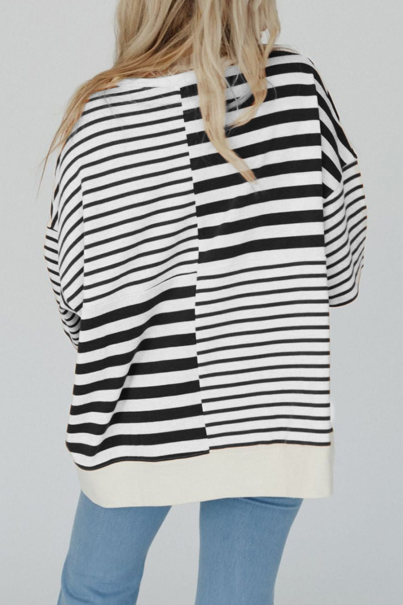 Casual Stripe Buttons Patchwork Contrast O Neck T-Shirts - Fashionpara