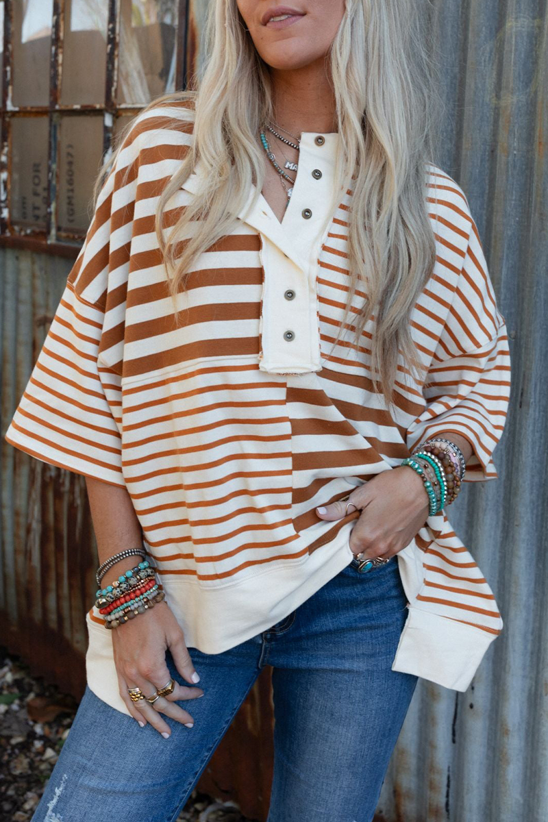 Casual Stripe Buttons Patchwork Contrast O Neck T-Shirts - Fashionpara