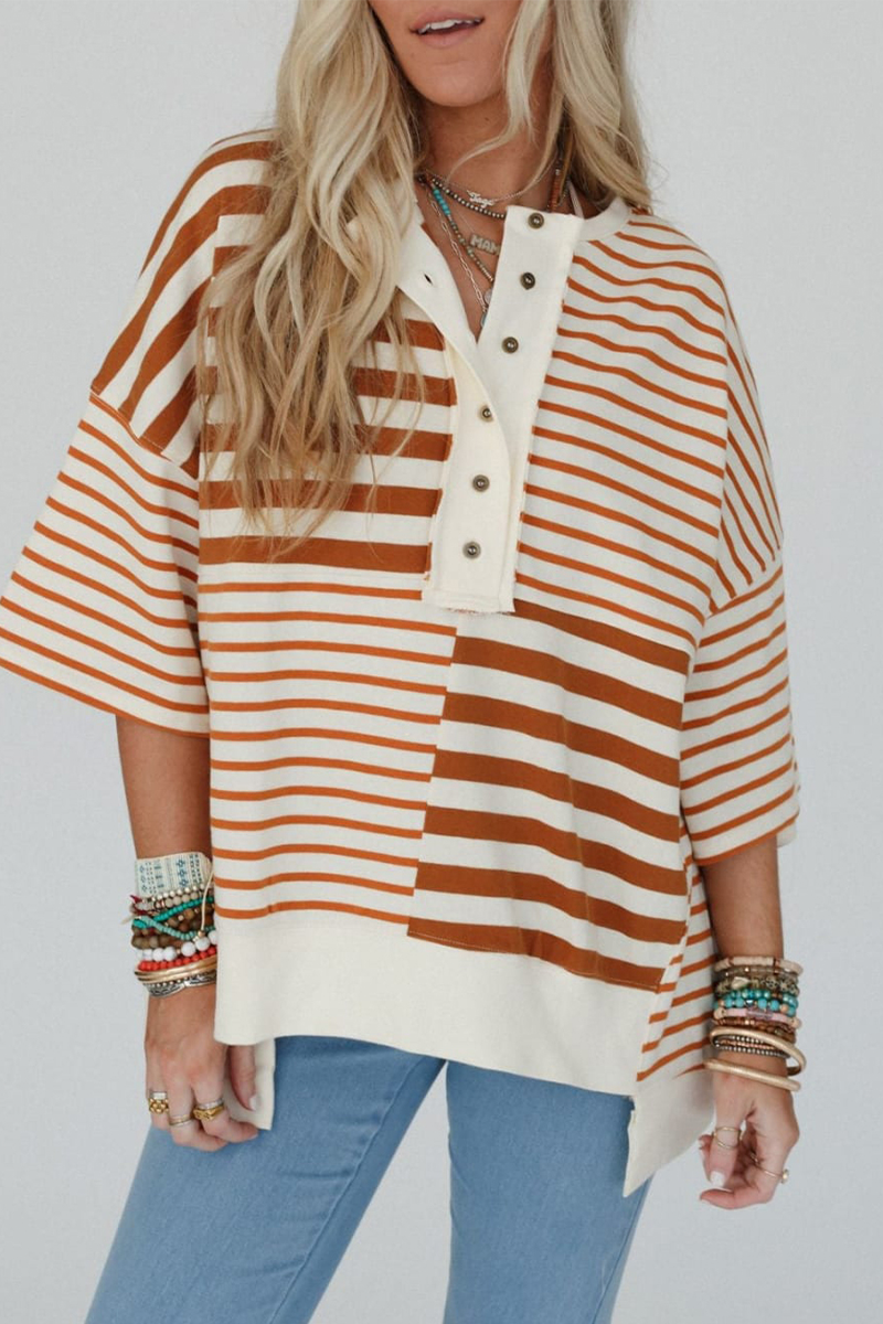 Casual Stripe Buttons Patchwork Contrast O Neck T-Shirts - Fashionpara