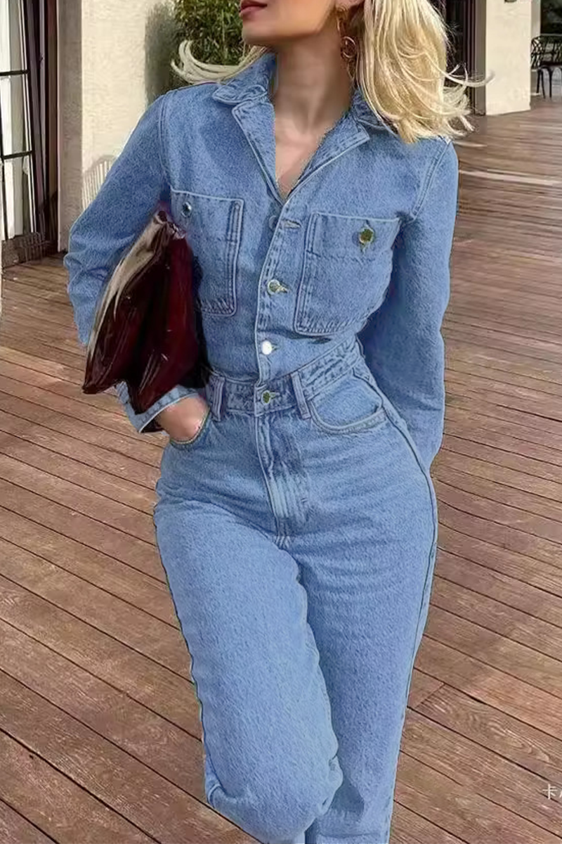 Casual Street Pocket Buttons Turndown Collar Long Sleeve Loose Denim Jumpsuits - Fashionpara