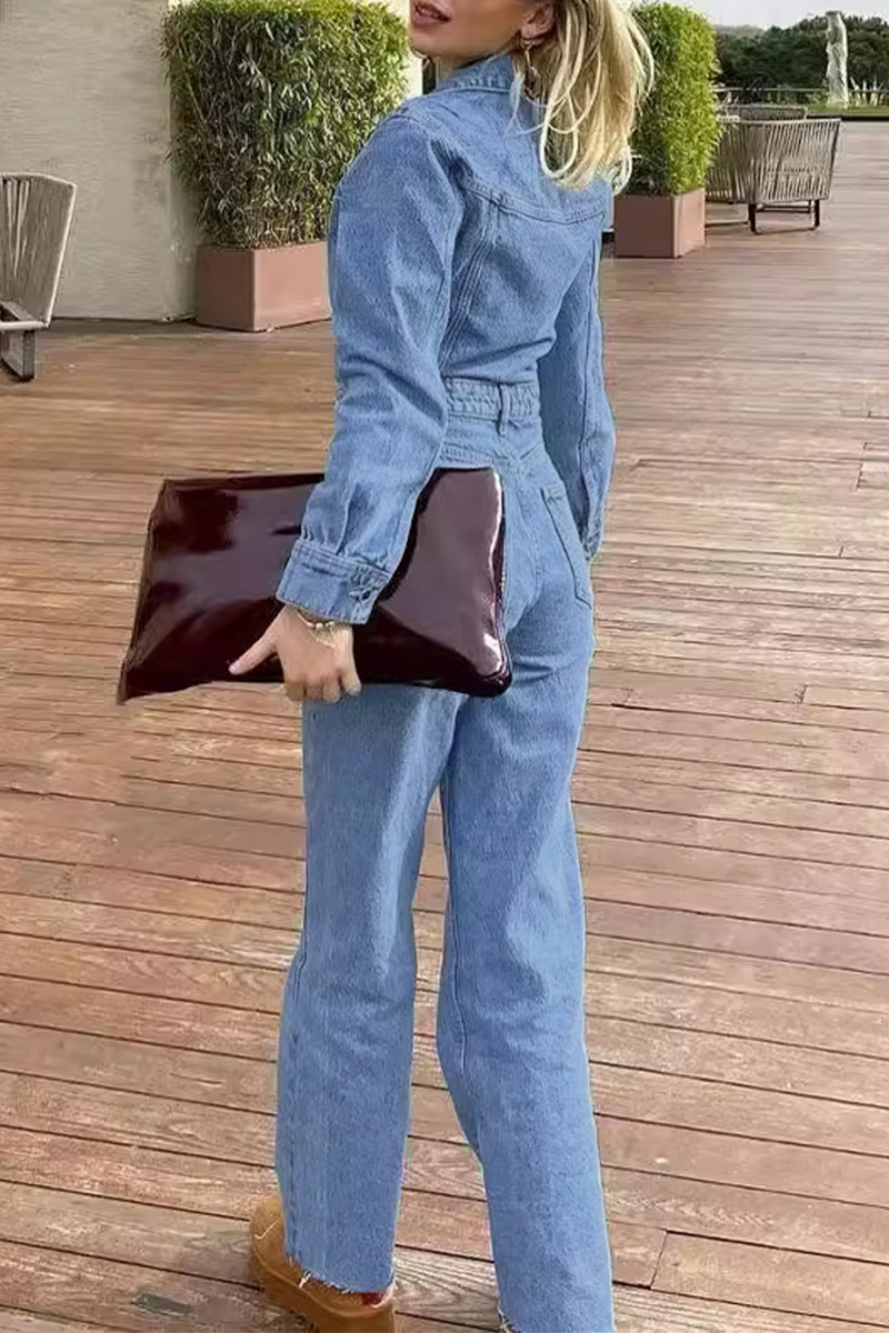 Casual Street Pocket Buttons Turndown Collar Long Sleeve Loose Denim Jumpsuits - Fashionpara