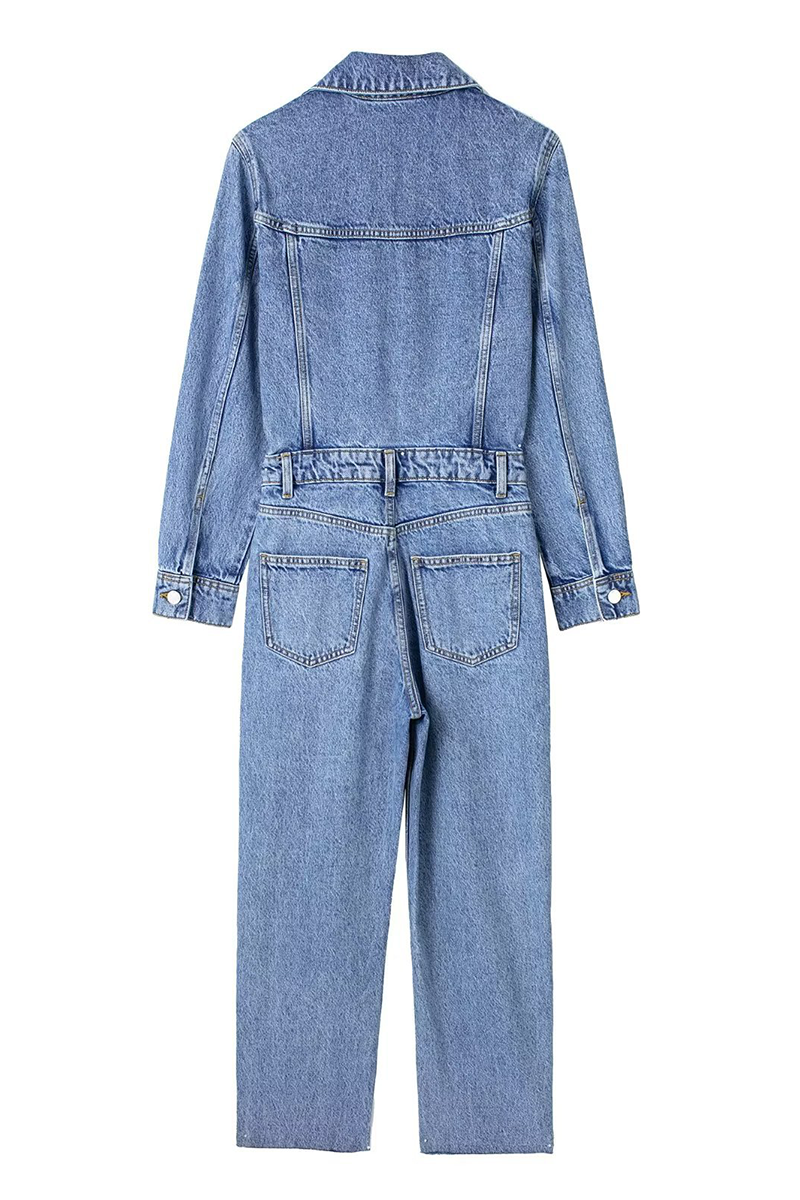 Casual Street Pocket Buttons Turndown Collar Long Sleeve Loose Denim Jumpsuits - Fashionpara