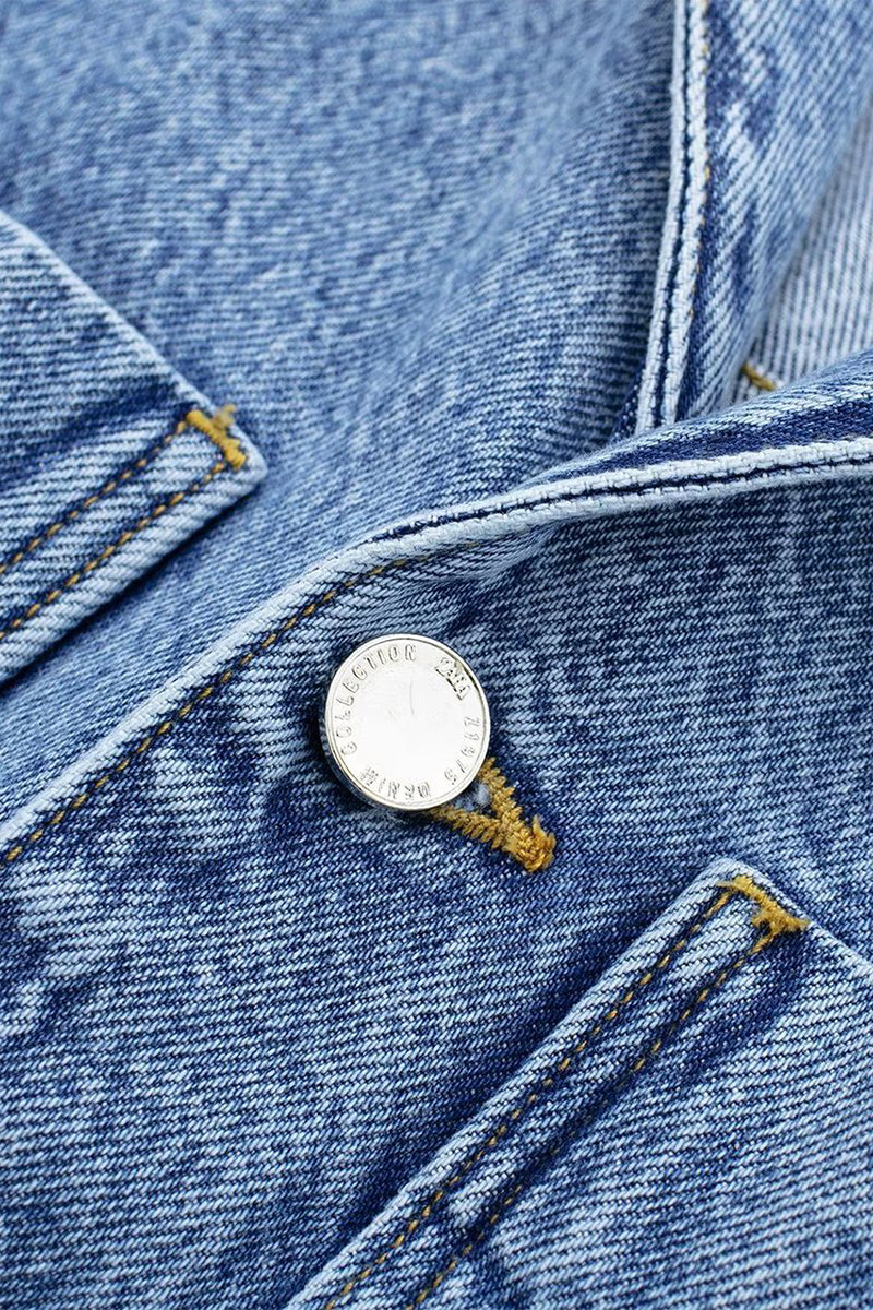 Casual Street Pocket Buttons Turndown Collar Long Sleeve Loose Denim Jumpsuits - Fashionpara