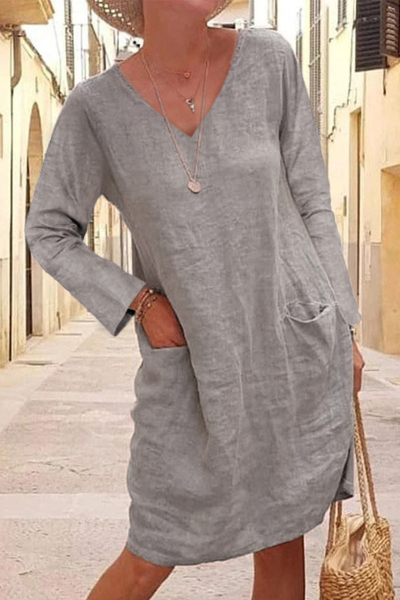 Casual Solid Patchwork Pocket V Neck Dresses(4 Colors) - Fashionpara