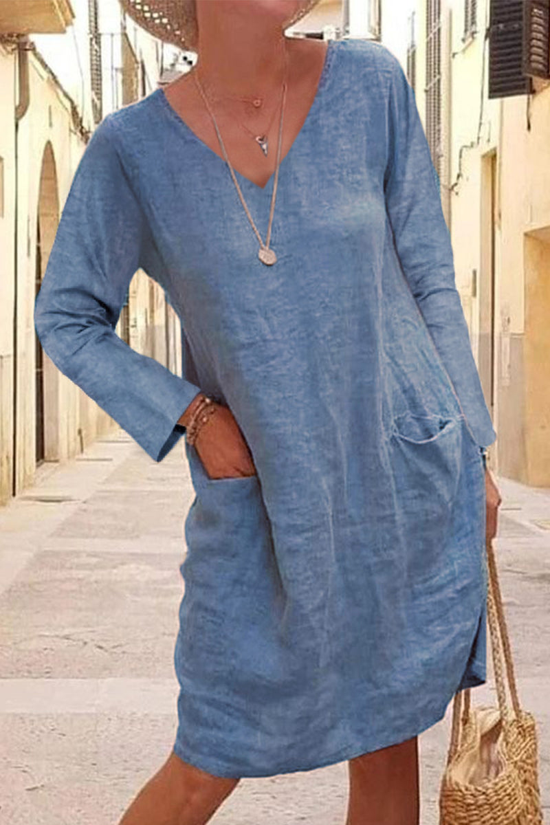 Casual Solid Patchwork Pocket V Neck Dresses(4 Colors) - Fashionpara